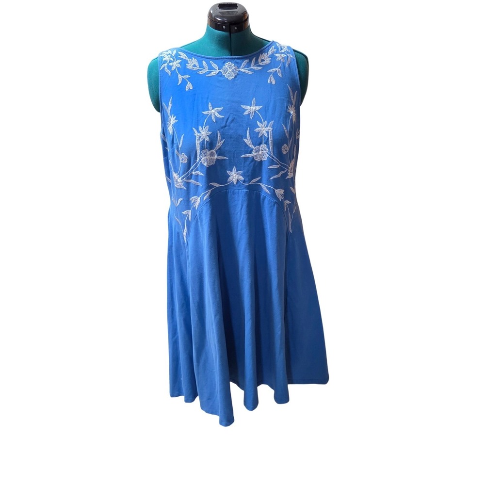 eShakti Blue Embroidered Sleeveless A-Line Knit Dress 16W Floral Boho Excellent - Picture 3 of 5